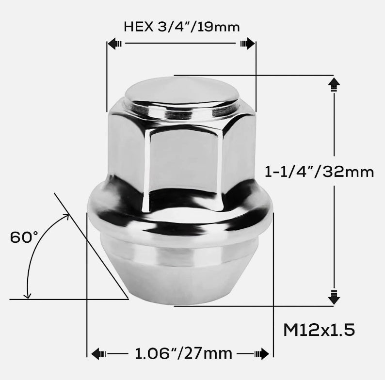 20 écrous de roue 12 x 1,5 chromés pour roues Ford Fusion Focus OE