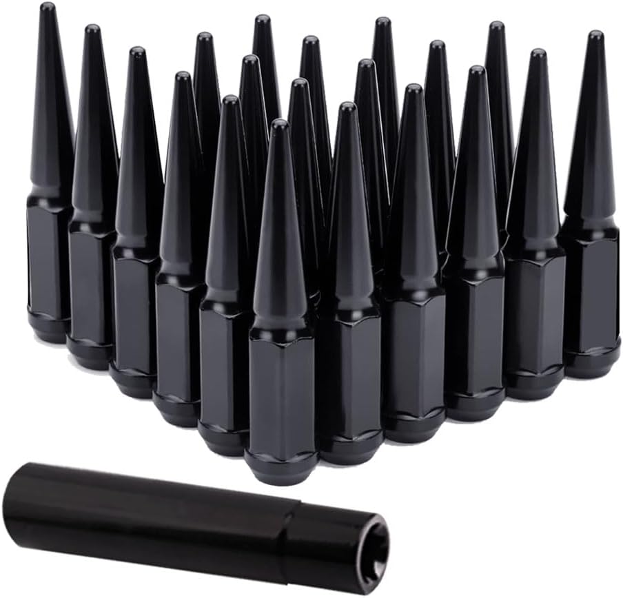 24 Steel Spike Lug Nuts 14x1.5 + Key Fits FORD RAM CHEVY 6 Lug Black or Chrome