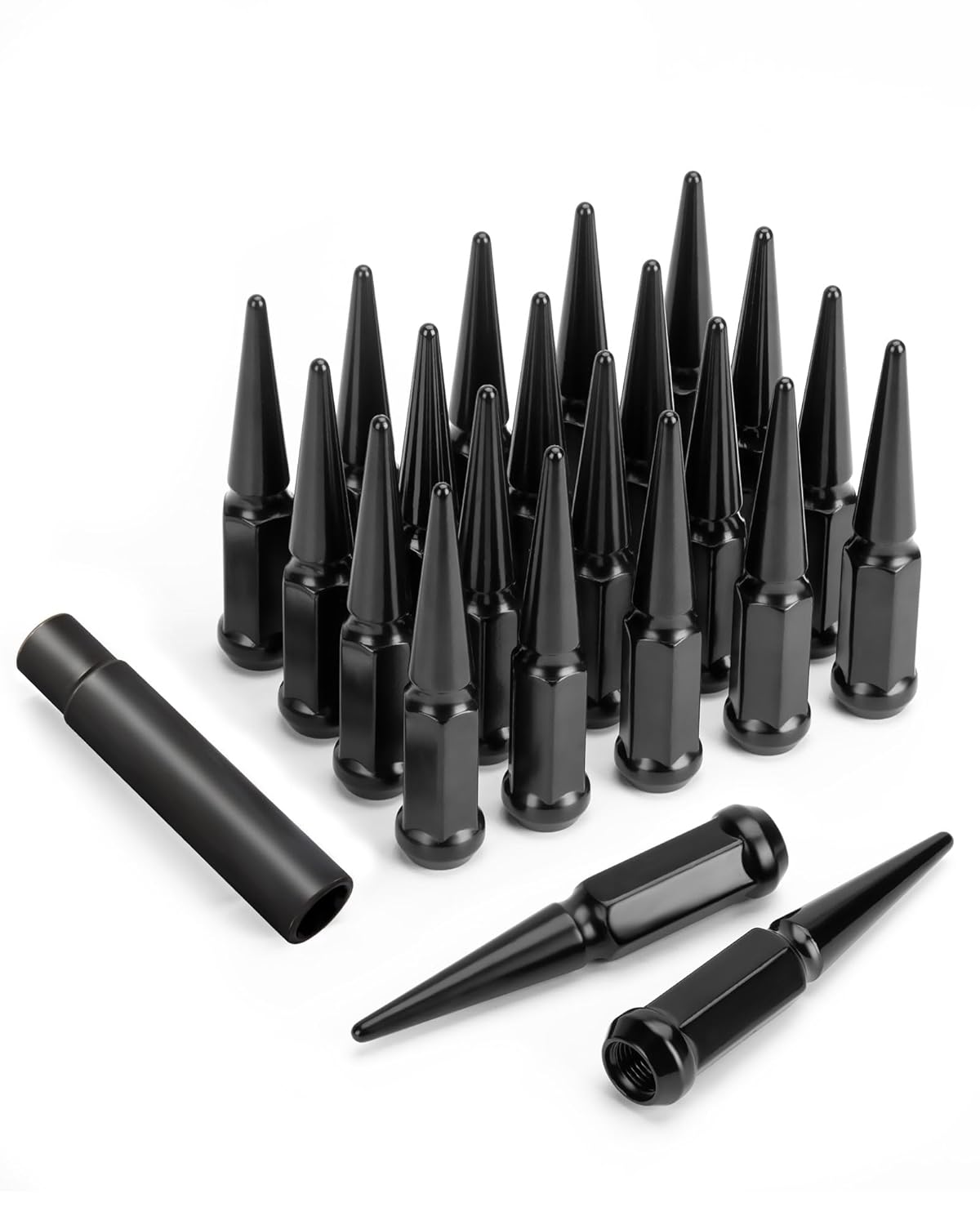 24 Steel Spike Lug Nuts 14x1.5 + Key Fits FORD RAM CHEVY 6 Lug Black or Chrome