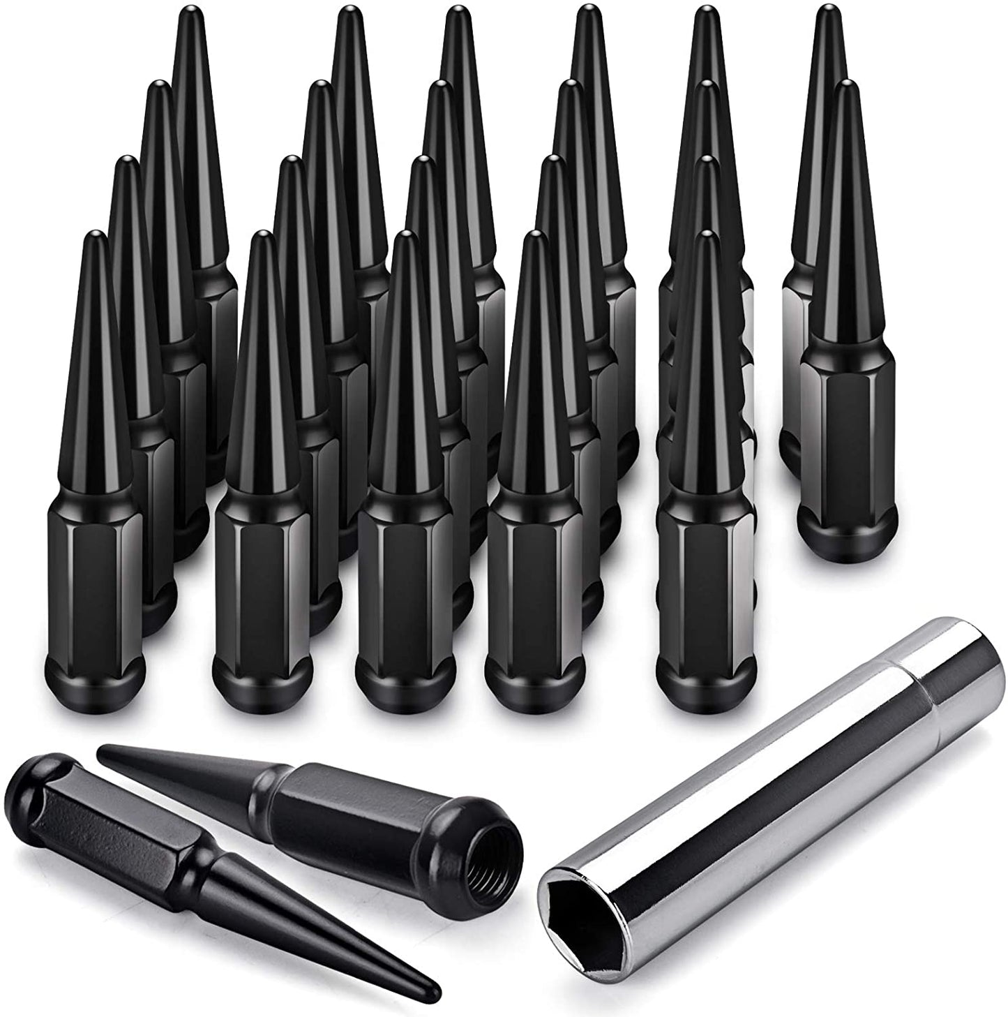 24 Steel Spike Lug Nuts 14x1.5 + Key Fits FORD RAM CHEVY 6 Lug Black or Chrome