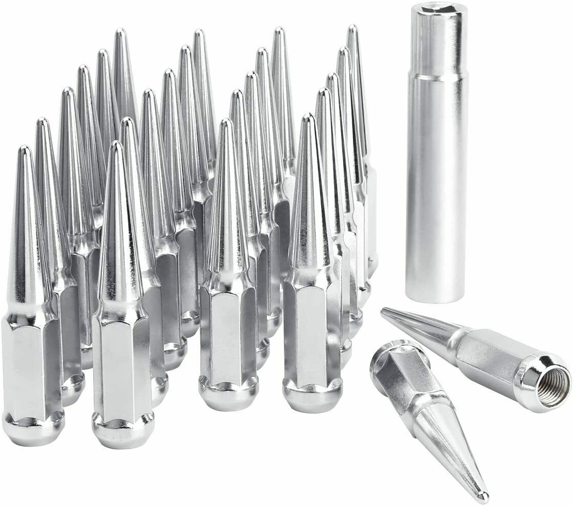 24 Nissan Spline Spike Steel Lug Nuts Set + Key | 12X1.25 For Armada Xterra Frontier Pathfinder Titan Wheels | 4.5 Inches Tall Anti-Theft 6x5.5