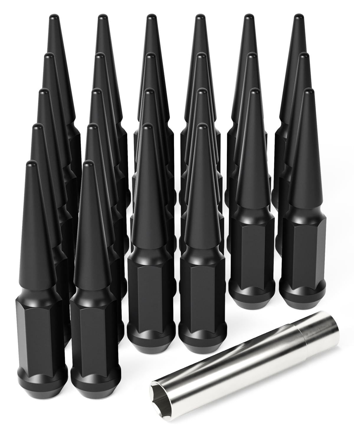 24 Steel Spike Lug Nuts 14x1.5 + Key Fits FORD RAM CHEVY 6 Lug Black or Chrome