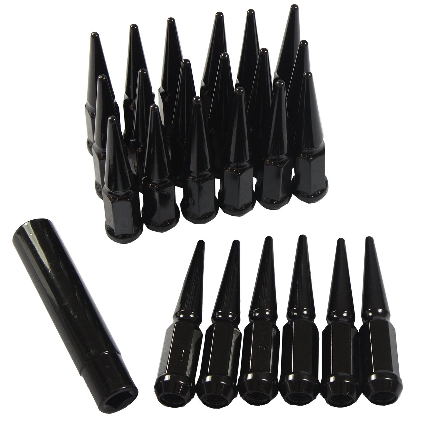 24 Steel Spike Lug Nuts 14x1.5 + Key Fits FORD RAM CHEVY 6 Lug Black or Chrome