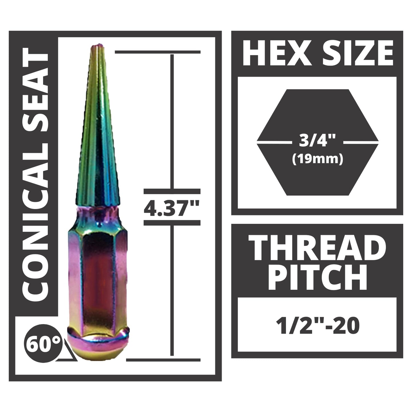 20 écrous de cosse Jeep Neo Chrome Spike 1/2 "x20 adaptés à toutes les Jeep JK Tj Yj Wrangler, Rubicon, Sahara Cj cosses de verrouillage antivol