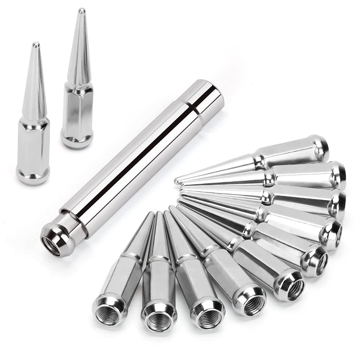 24 Steel Spike Lug Nuts 14x1.5 + Key Fits FORD RAM CHEVY 6 Lug Black or Chrome