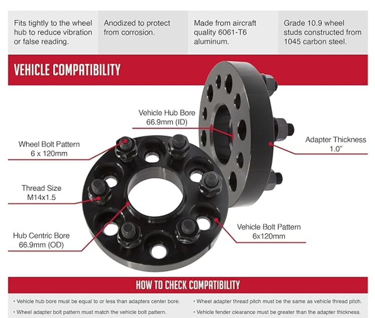 Espaciadores de rueda 6x120 centrados en buje Cadillac SRX Chevy Colorado GMC Canyon 1 pulgada de espesor 6x4,75 25MM