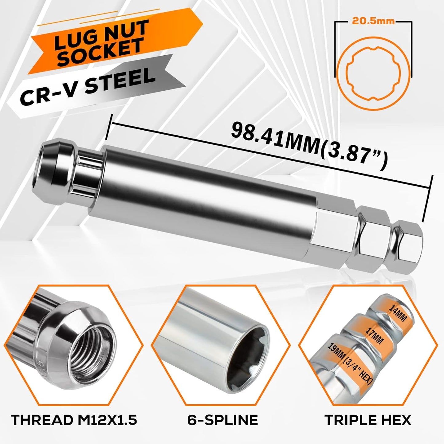 Spline Drive Spike Bulge Tuerca de bellota cromada 7/16-20 3,3" de largo