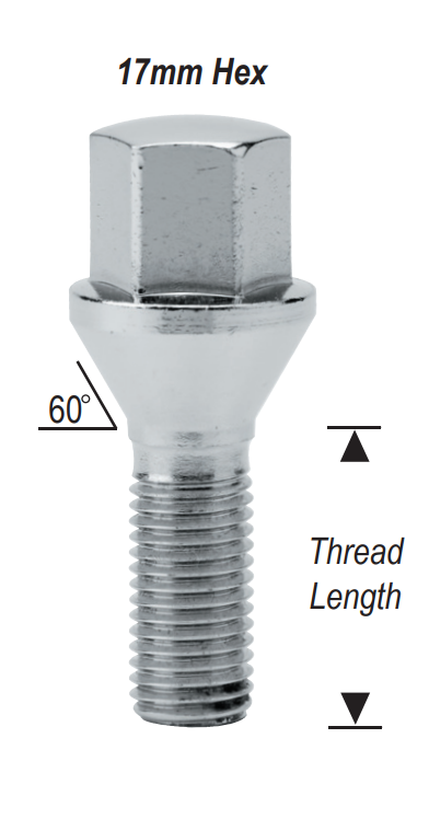 20 Lug Bolts 14x1.25 Chrome Conical Stud Bolt 30mm Shank