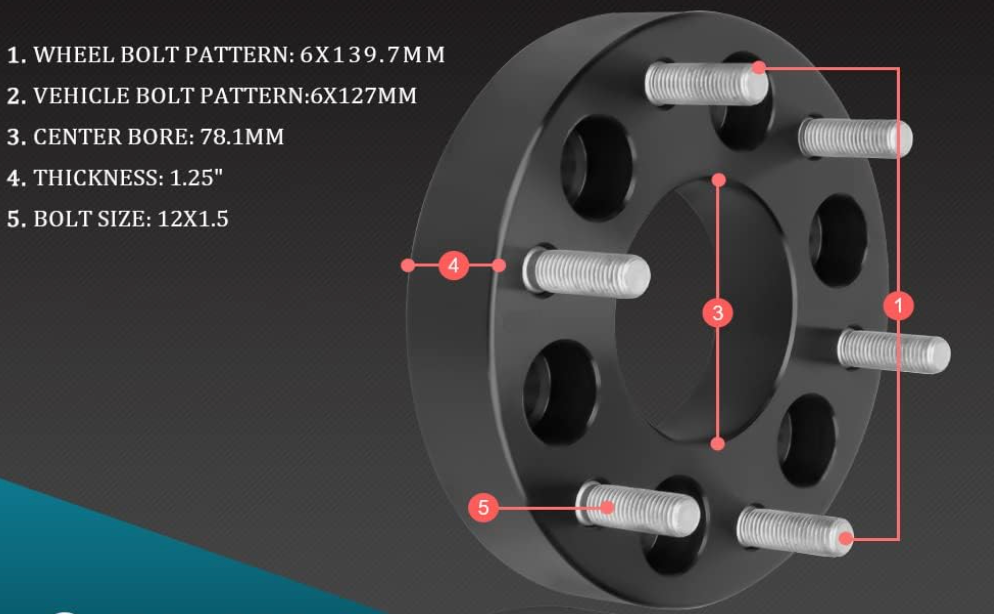 Adaptadores de rueda de 6x5 a 6x5,5 para Chevy Trailblazer Envoy SSR Bravada 1,25 pulgadas centrado en el cubo también conocido como 6x127 a 6x139,7