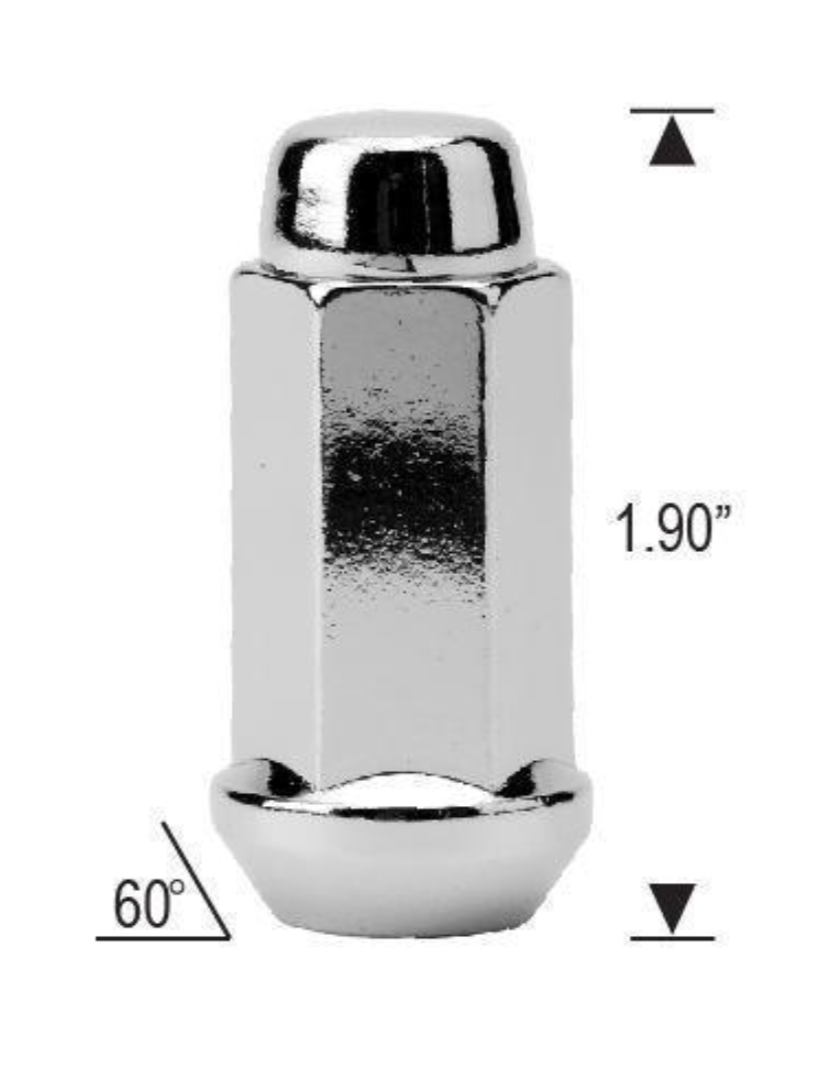Tuerca de bellota Bulge 1/2-20 cromada, parte superior plana hexagonal de 13/16", 1,9" de alto