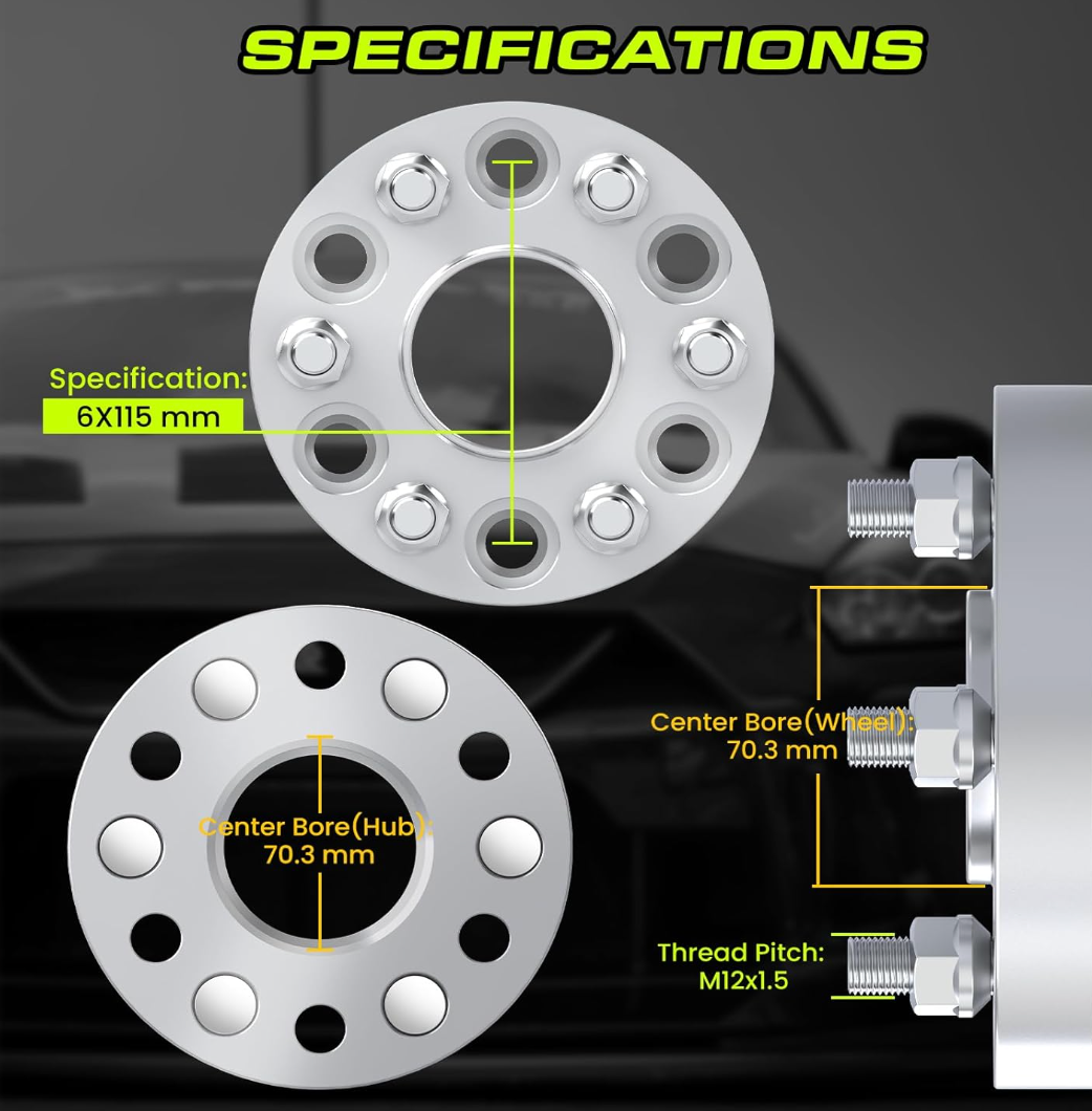 6x115 Hubcentric Wheel Spacers 50mm (2 Inch) Fits 2004-2007 CTS-V, 2005-2009 STS-V, 2004-2008 SRX, 2006-2009 Uplander, 2006-2007 Saturn Relay 70.5mm CB 12x1.5 Studs