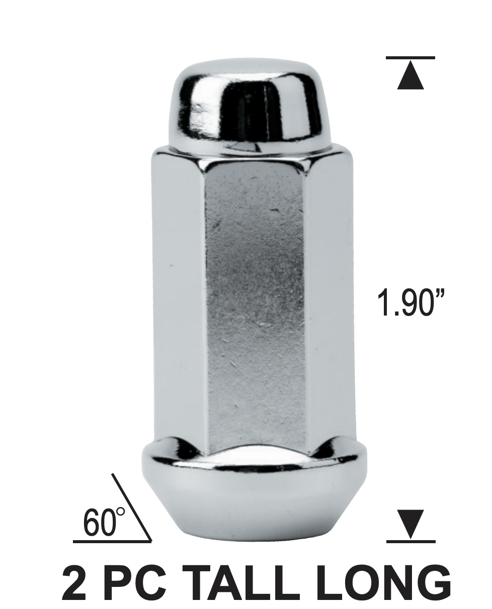 Tuerca de bellota Bulge 1/2-20 cromada, parte superior plana hexagonal de 13/16", 1,9" de alto