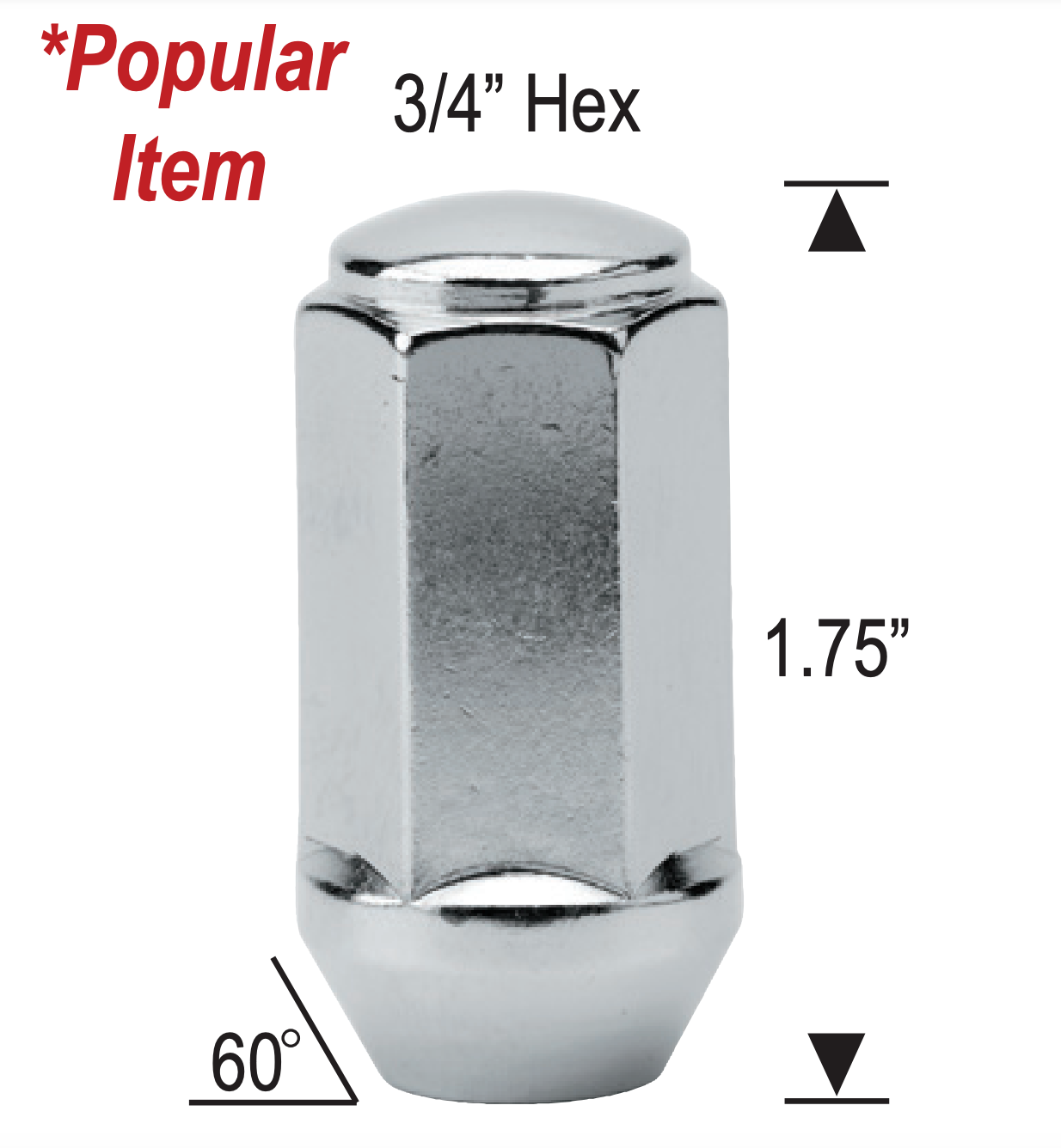 Tuerca de bellota Bulge 1/2-20 cromada, parte superior plana hexagonal de 3/4", 1,75" de alto