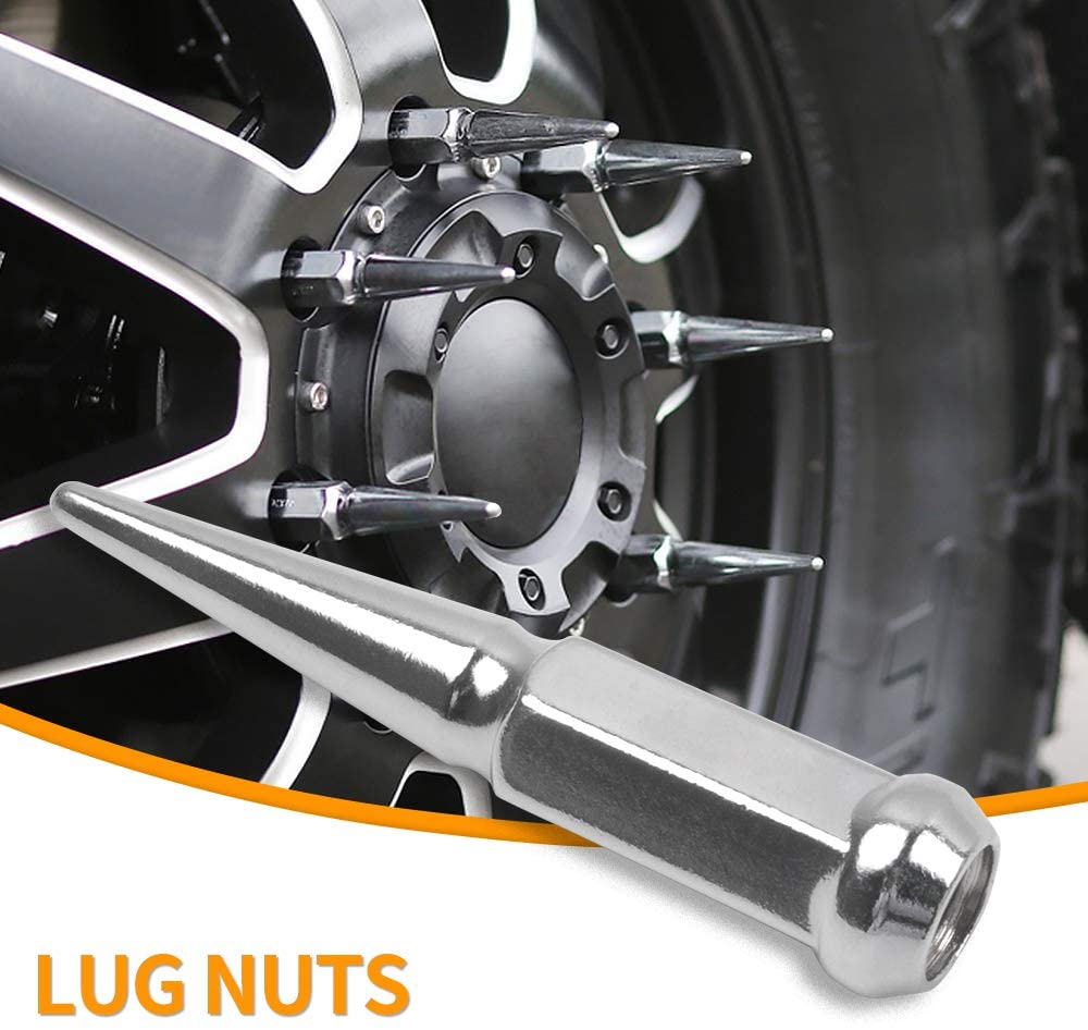 24 Steel Spike Lug Nuts 14x1.5 + Key Fits FORD RAM CHEVY 6 Lug Black or Chrome