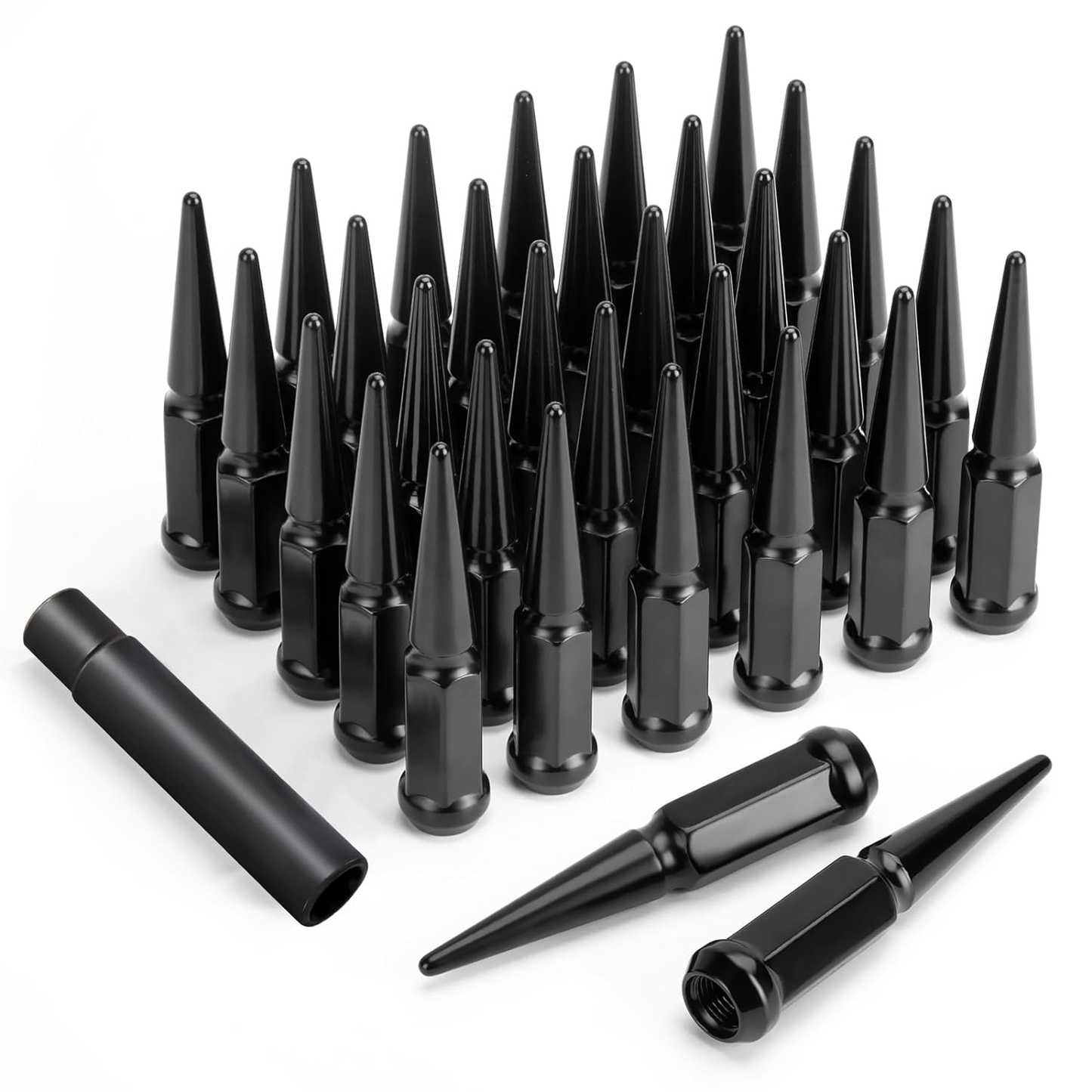32 TUERCAS PARA CAMIÓN CON PICO NEGRO NEGRO + LLAVE | 14X1.5 FORD F-250 F-350 SUPERDUTY EXCURSION BLOQUEO SEGURIDAD DISEÑO ANTIRROBO