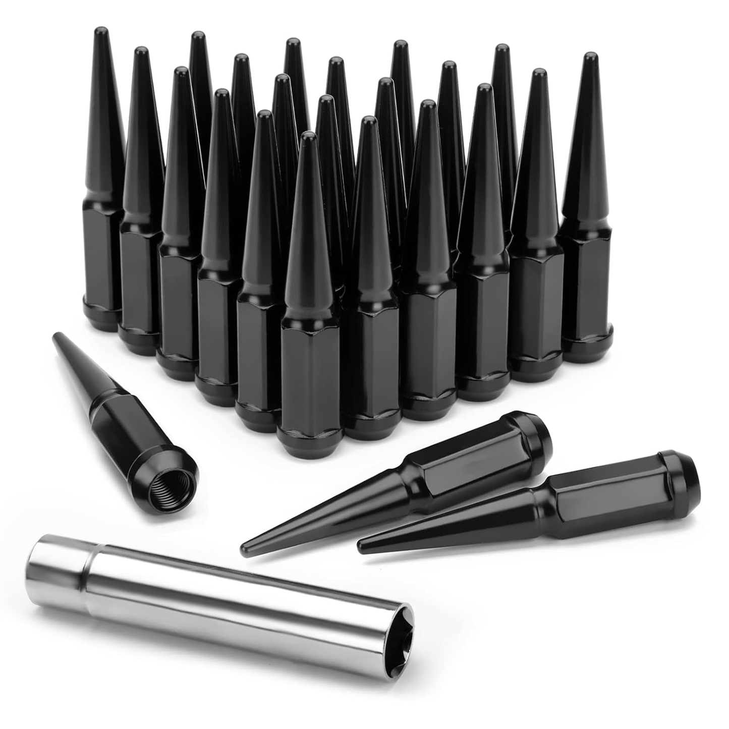 24 Nissan Spline Spike Steel Lug Nuts Set + Key | 12X1.25 For Armada Xterra Frontier Pathfinder Titan Wheels | 4.5 Inches Tall Anti-Theft 6x5.5
