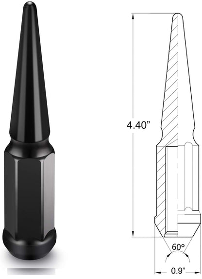 20 TUERCAS EXTENDIDAS DE PICO DE ACERO NEGRO JEEP 1/2"X20 | WRANGLER RUBICON YJ JK CJ 
