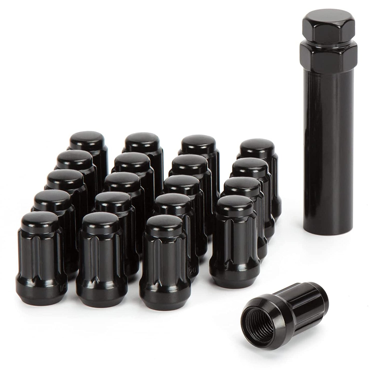 20 Black Spline Tuner Racing Lug Nuts 1/2x20 + Key Fits All Mustangs, 5.0, GT, Coyote, Cobra, GT350, S550, S197