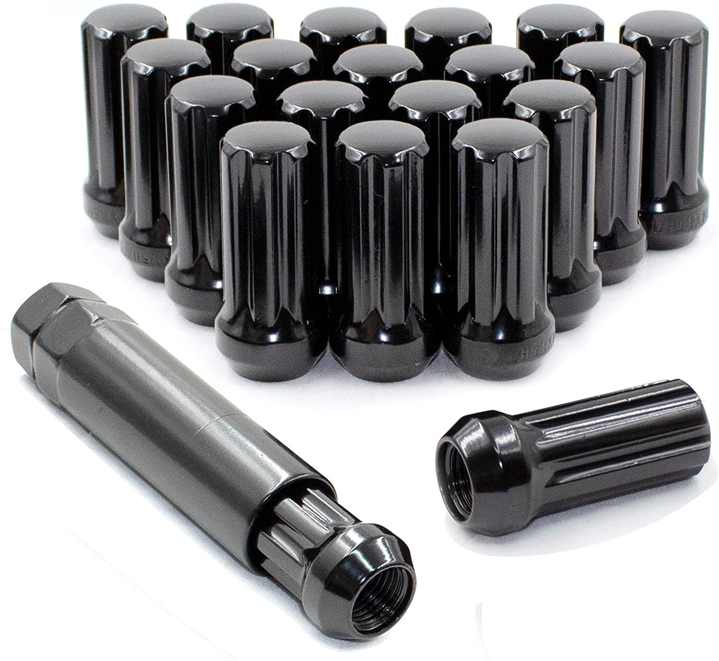 20 BLACK SPLINE LUG NUTS 14X1.5 FOR CHEVY CAMARO SS, Z28, ZL1, 1LE 2009 AND NEWER 1.9 INCH TALL AGGRESSIVE STYLE!