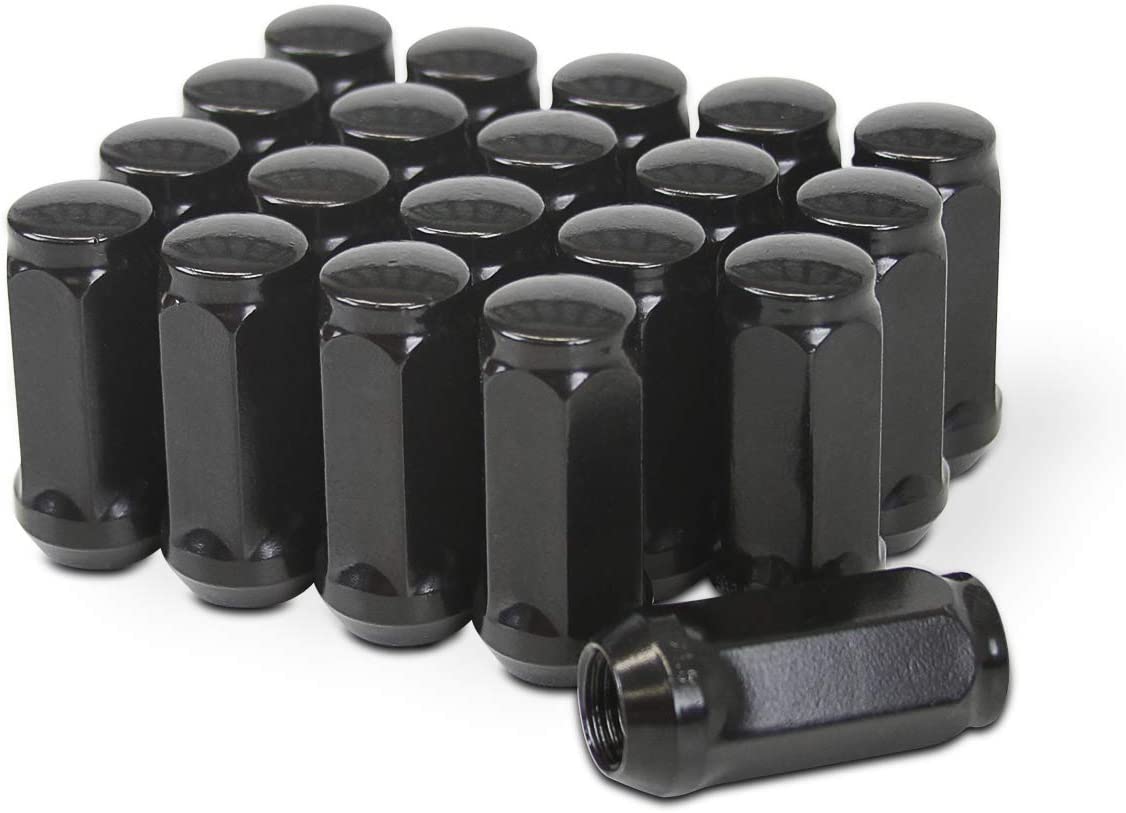 Durable Heat Treated Salt Spray Tested Bulge Acorn Lug Nuts 14x2 Black Color 3/4" Hex Flat Top Durable Finish Black Chrome Plating Resists Chipping, Scratching, and Fading