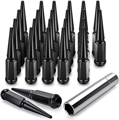 24 Steel Spike Lug Nuts 14x1.5 + Key Fits FORD RAM CHEVY 6 Lug Black or Chrome