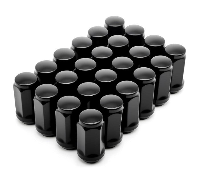 Durable Heat Treated Salt Spray Tested Bulge Acorn Lug Nuts 14x2 Black Color 3/4" Hex Flat Top Durable Finish Black Chrome Plating Resists Chipping, Scratching, and Fading