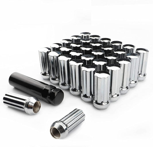 32 Chrome Spline Lug Nuts +Key 14X1.5 For Chevy GMC Hummer Silverado Sierra 8x180 8X6.5 7 Spline 2" Inch Tall