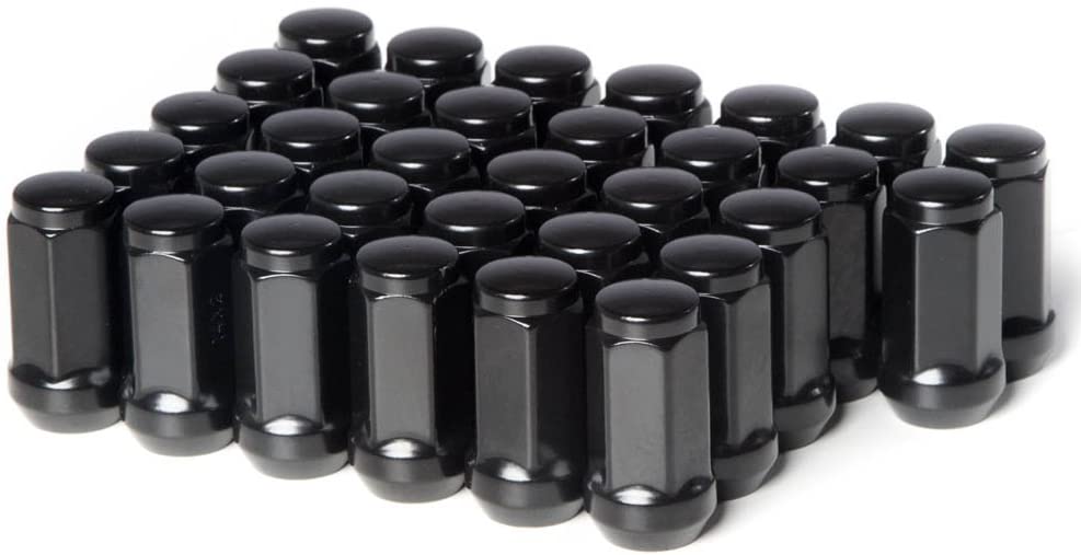 Durable Heat Treated Salt Spray Tested Bulge Acorn Lug Nuts 14x2 Black Color 3/4" Hex Flat Top Durable Finish Black Chrome Plating Resists Chipping, Scratching, and Fading