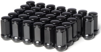 Durable Heat Treated Salt Spray Tested Bulge Acorn Lug Nuts 14x2 Black Color 3/4" Hex Flat Top Durable Finish Black Chrome Plating Resists Chipping, Scratching, and Fading