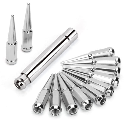 24 Steel Spike Lug Nuts 14x1.5 + Key Fits FORD RAM CHEVY 6 Lug Black or Chrome