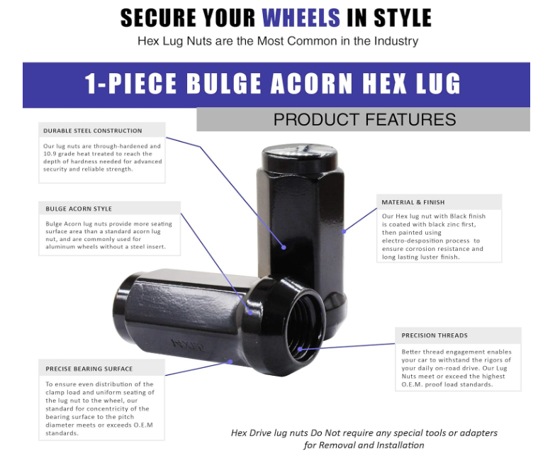 Durable Heat Treated Salt Spray Tested Bulge Acorn Lug Nuts 14x2 Black Color 3/4" Hex Flat Top Durable Finish Black Chrome Plating Resists Chipping, Scratching, and Fading