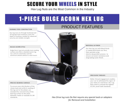 Durable Heat Treated Salt Spray Tested Bulge Acorn Lug Nuts 14x2 Black Color 3/4" Hex Flat Top Durable Finish Black Chrome Plating Resists Chipping, Scratching, and Fading