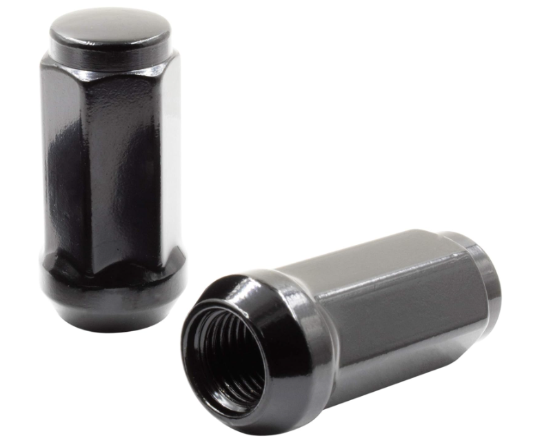 Durable Heat Treated Salt Spray Tested Bulge Acorn Lug Nuts 14x2 Black Color 3/4" Hex Flat Top Durable Finish Black Chrome Plating Resists Chipping, Scratching, and Fading