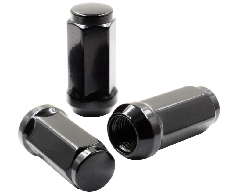 Durable Heat Treated Salt Spray Tested Bulge Acorn Lug Nuts 14x2 Black Color 3/4" Hex Flat Top Durable Finish Black Chrome Plating Resists Chipping, Scratching, and Fading