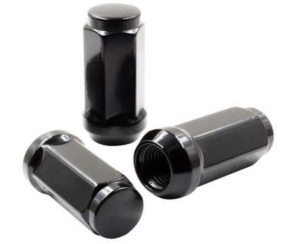 Durable Heat Treated Salt Spray Tested Bulge Acorn Lug Nuts 14x2 Black Color 3/4" Hex Flat Top Durable Finish Black Chrome Plating Resists Chipping, Scratching, and Fading
