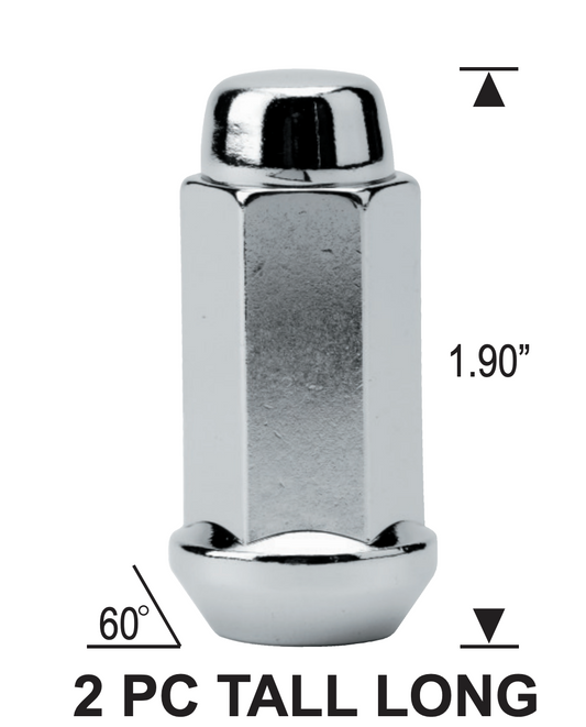 Écrou de roue renflé Acorn 1/2-20 chromé 13/16" hexagonal à dessus plat 1,9" de haut 