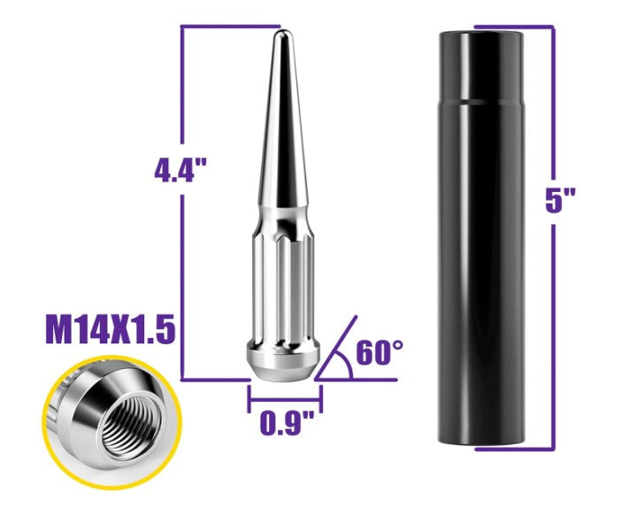 24 TUERCAS EXTENDIDAS CON PUNTAS DE ACERO CROMADO 14x1.5 PARA SILVERADO SIERRA SUBURBAN 