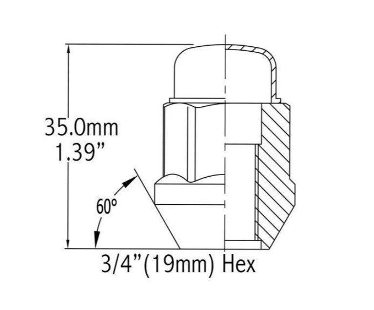 Écrous de roue bombés à gland 14x1,5 chromés hexagonaux 3/4"