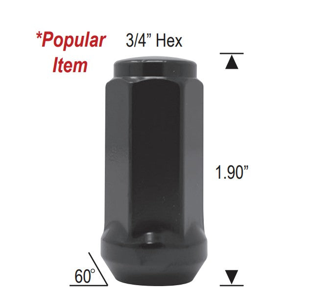 Durable Heat Treated Salt Spray Tested Bulge Acorn Lug Nuts 14x2 Black Color 3/4" Hex Flat Top Durable Finish Black Chrome Plating Resists Chipping, Scratching, and Fading