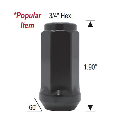 Durable Heat Treated Salt Spray Tested Bulge Acorn Lug Nuts 14x2 Black Color 3/4" Hex Flat Top Durable Finish Black Chrome Plating Resists Chipping, Scratching, and Fading