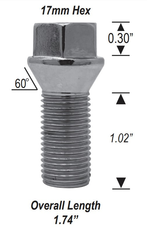 Short Head Lug Bolts 17mm Hex Conical Stud Bolt Chrome 12x1.5, 14x1.5, and 14x1.25 Options Required for 1.25" inch or thinner wheel spacer installation